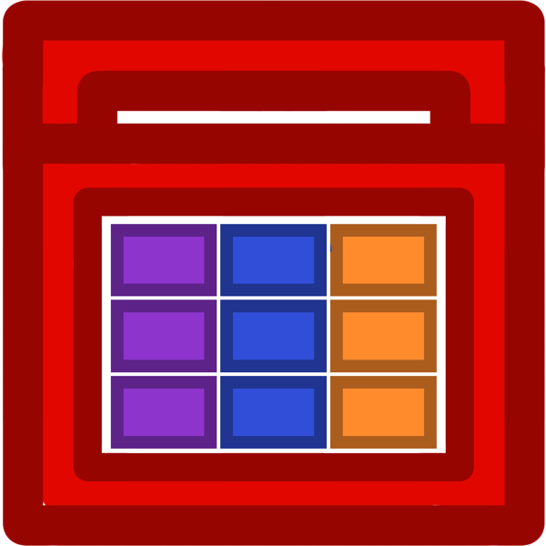 a red aac device with 12 buttons. the buttons are in the colors purple, blue, and orange.